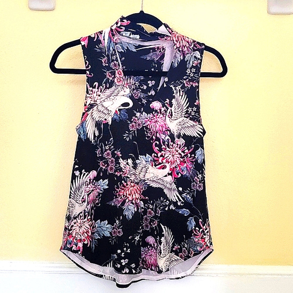 Floral with Crane Birds V Neck with Collar Blouse